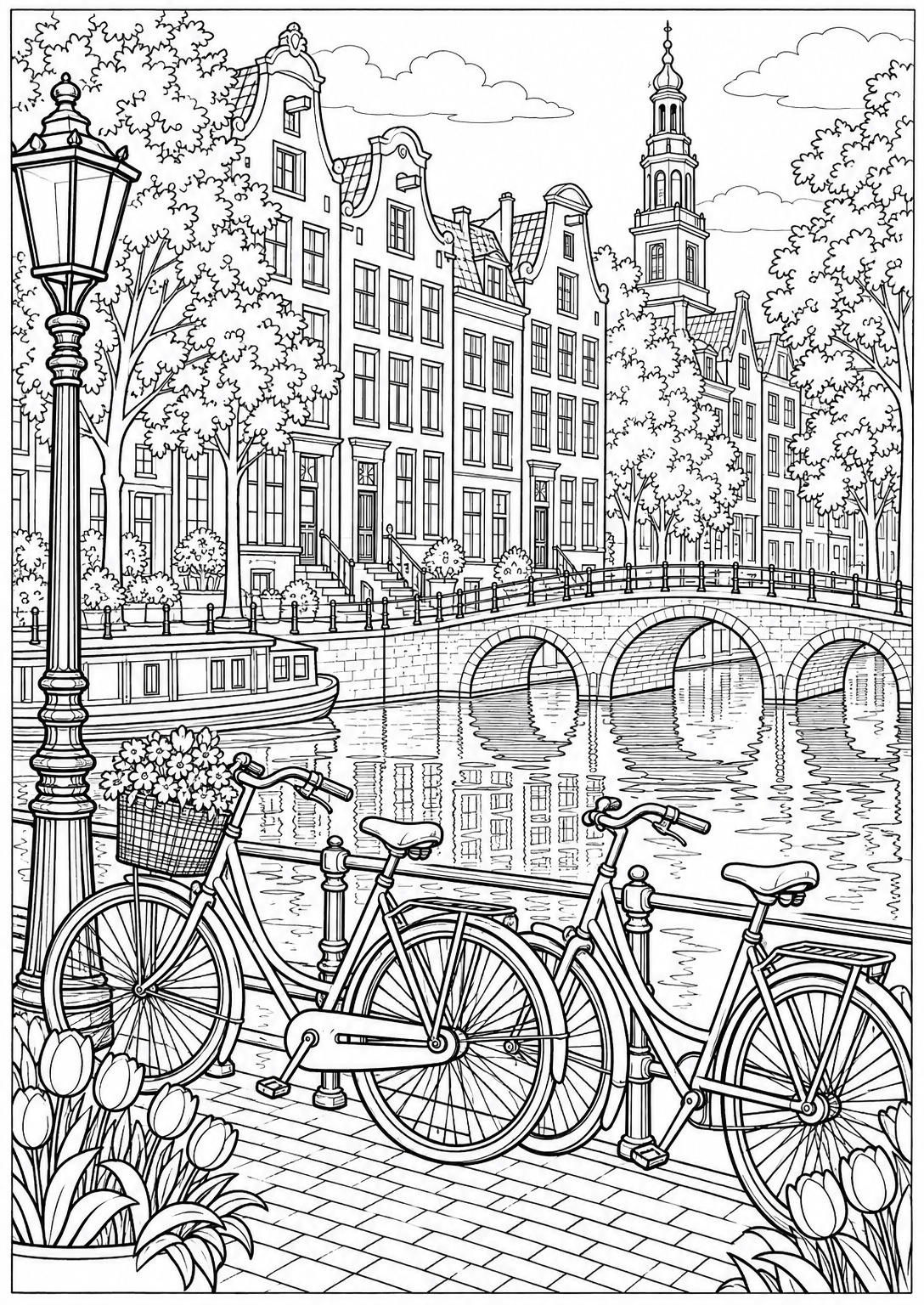 Langs de Amsterdamse grachten — kleurplaat voor volwassenen