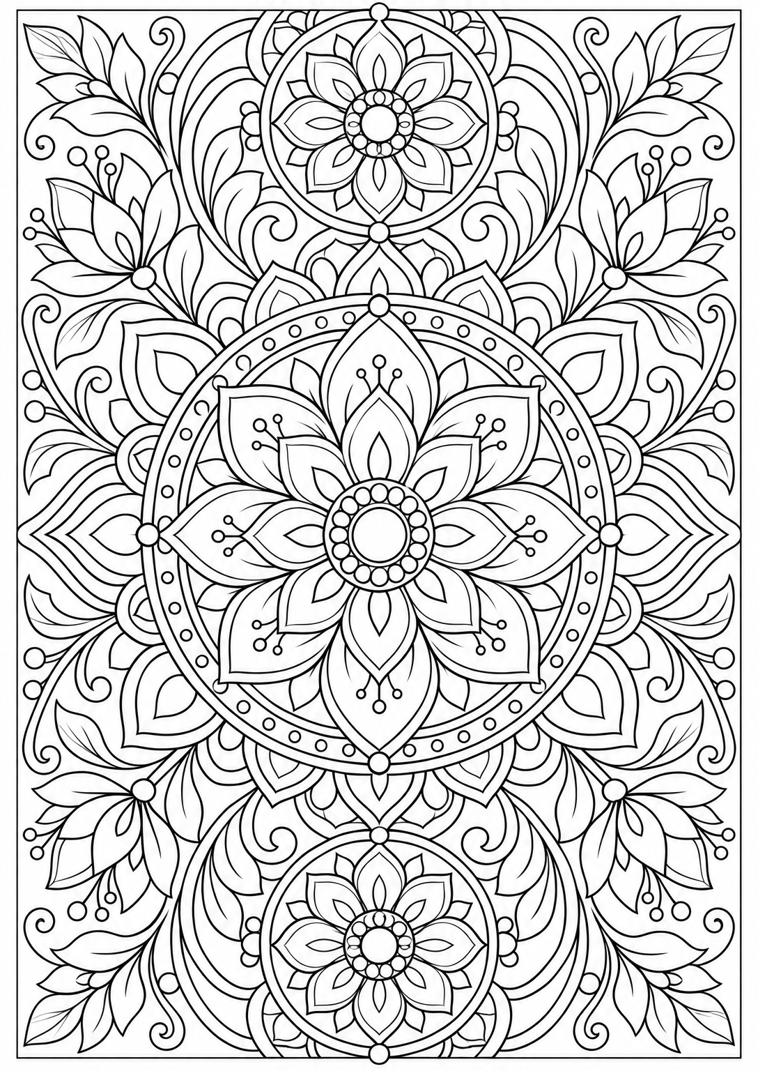 Mandala met lotusbloemen — zwart-wit kleurplaat voor volwassenen