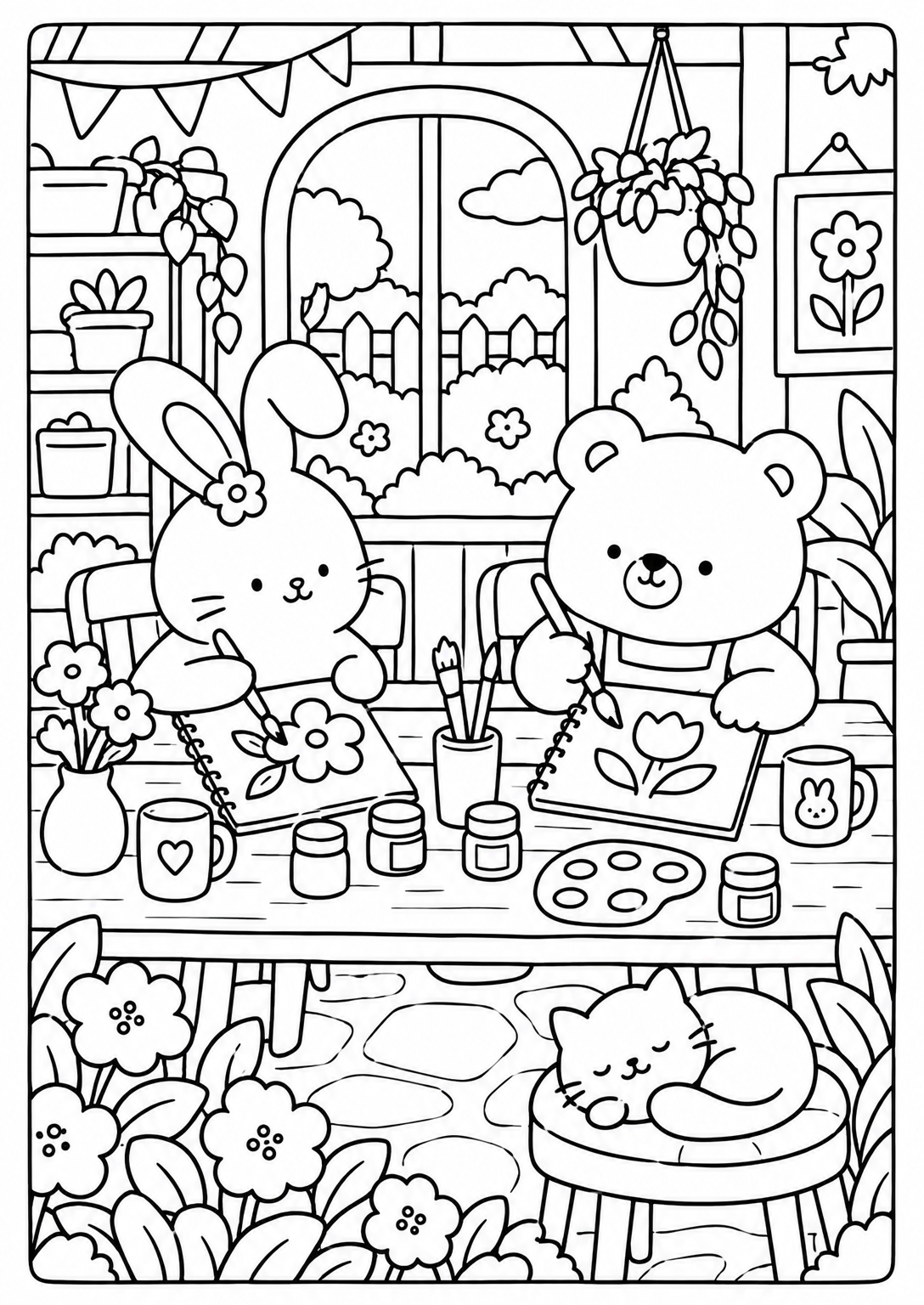 Samen schilderen in het tuinatelier — cozy kleurplaat voor volwassenen