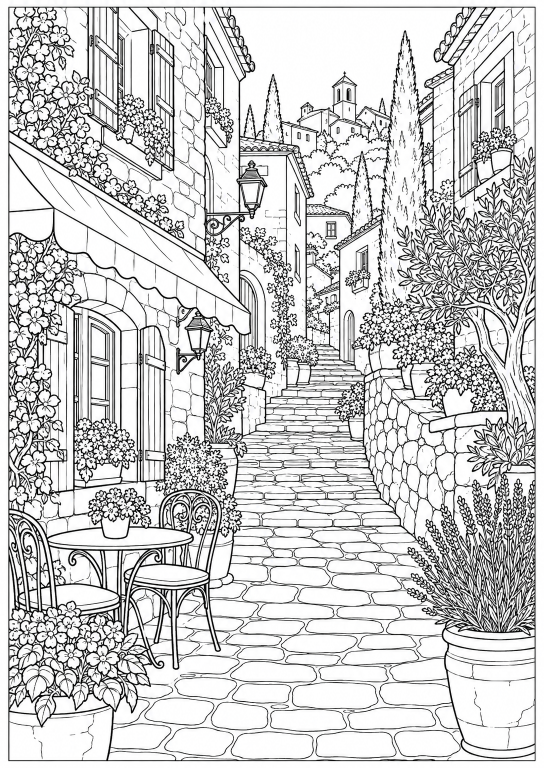 Een straatje in de Provence — kleurplaat voor volwassenen