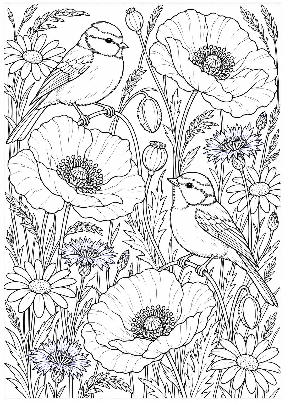 Vogels tussen de veldbloemen — kleurplaat voor volwassenen